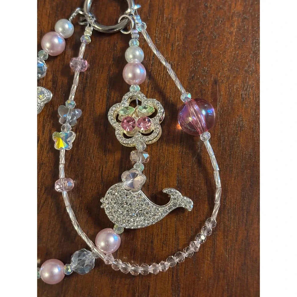 Pink Beaded Bag Charm Keychain Butterfly Whale Rhinestone Coquette Y2K Accessory